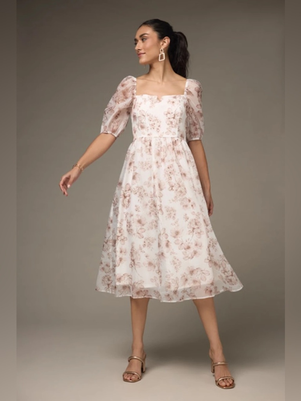 Francesca's Madeline Floral Bow Back Midi Dress - Beige - Size Medium NWT